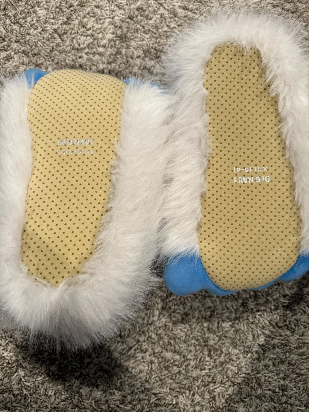 Old Navy White Faux Fur Monster Slippers with Blue Toes